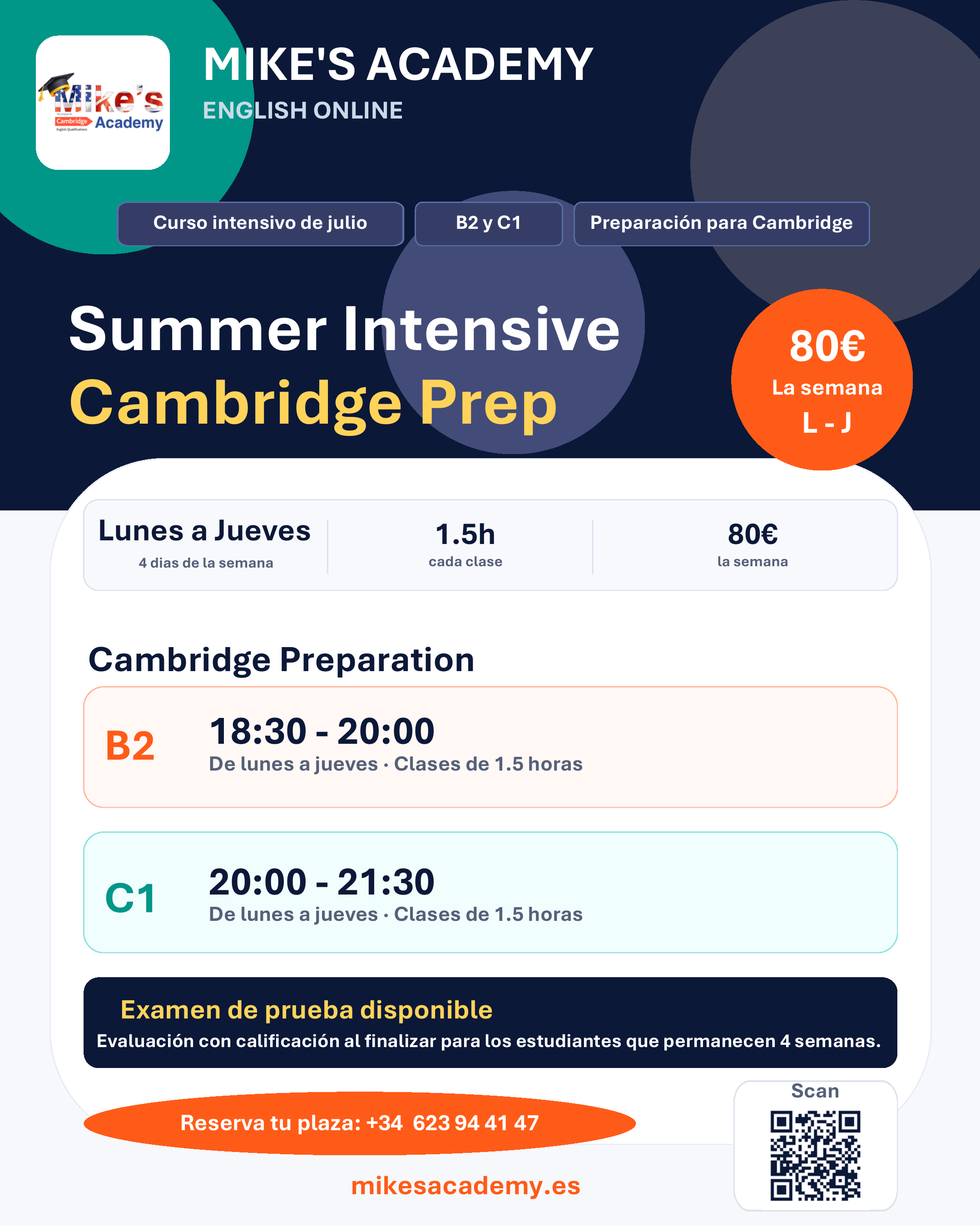 Flyer Summer Intensive Cambridge Prep — B2 y C1, 80€ la semana